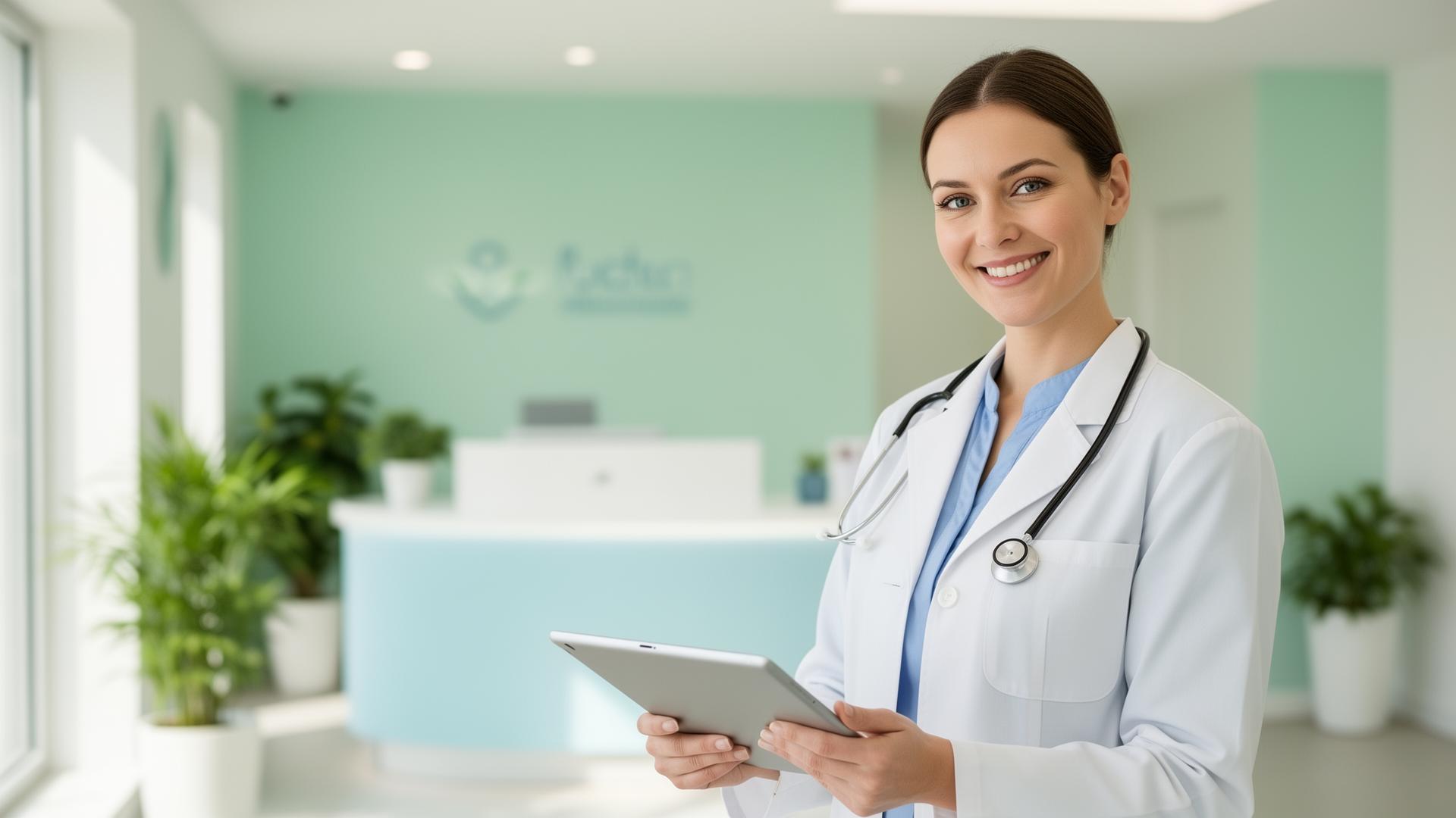 Equipe médica usando o AgendyMed em uma clínica moderna